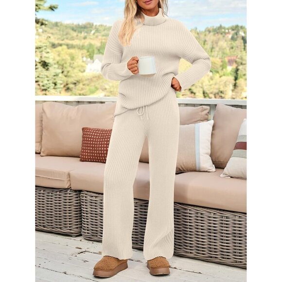 Women's Cozy Knit Two Piece Lounge Set Turtleneck Wide Leg Pants Casual - Picture 6 of 6